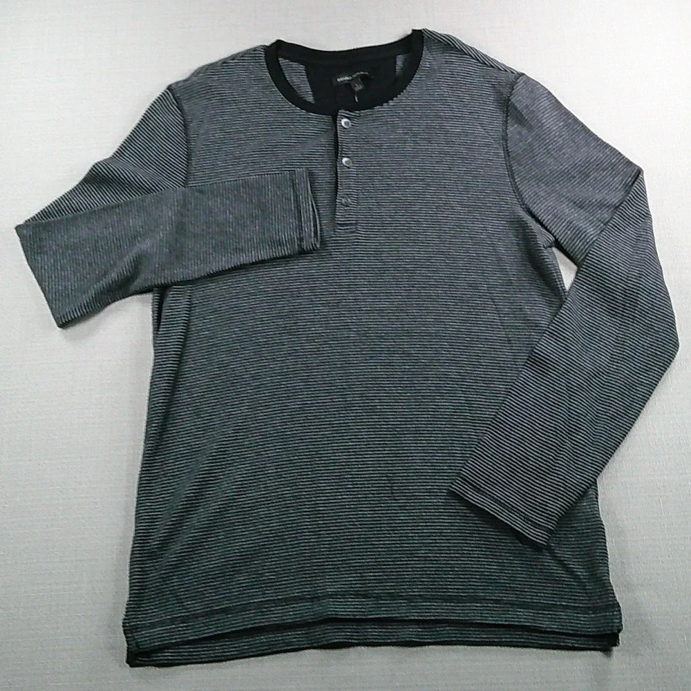 Banana Republic Henley Shirt Men's L Black Gray Striped Long Sleeve Cotton NEW